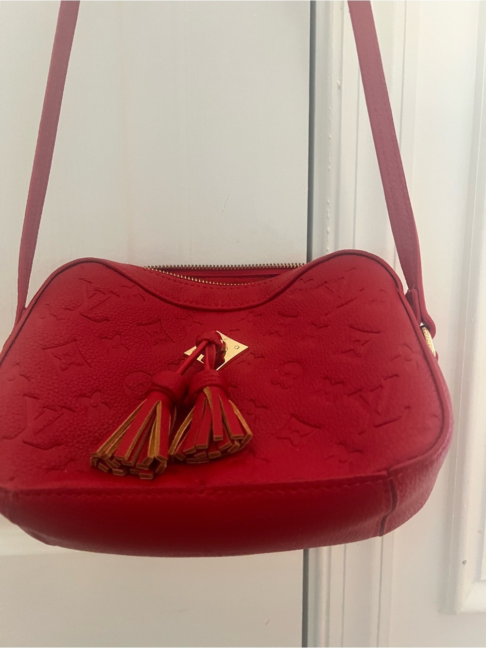 Red Leather Crossbody Bag with Tassel Accent